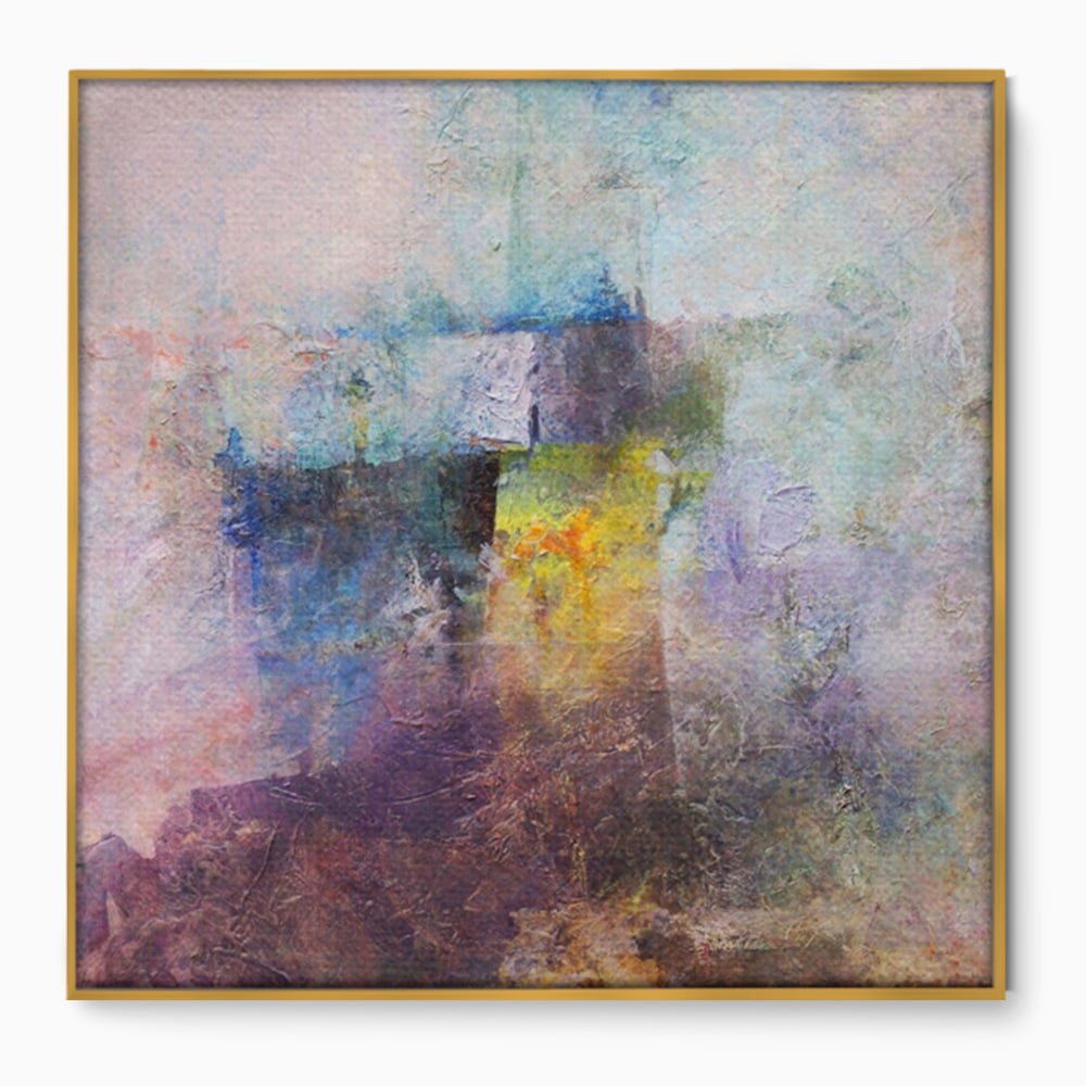 Tablou canvas cu pictura abstracta cu pete mov si albastre, in rama de aluminiu auriu